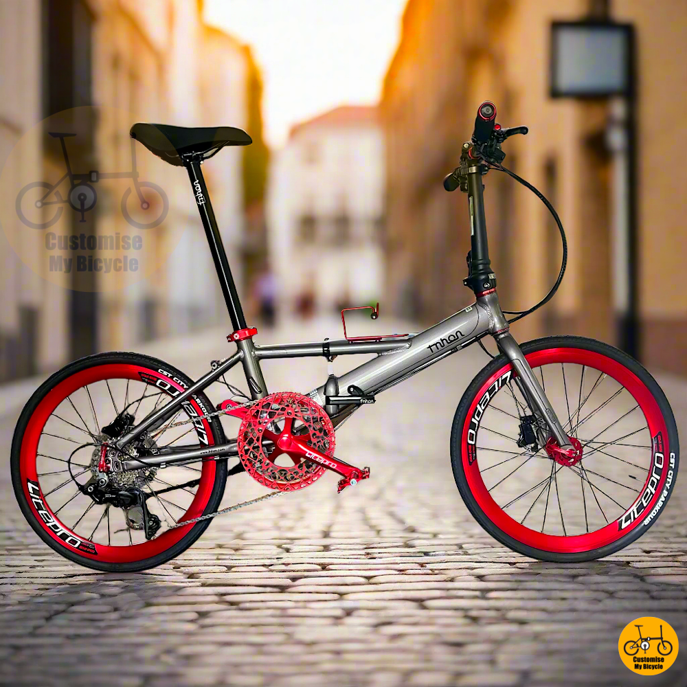 Fnhon Monsoon 22-inch folding bike in dolphin grey with red rims  
