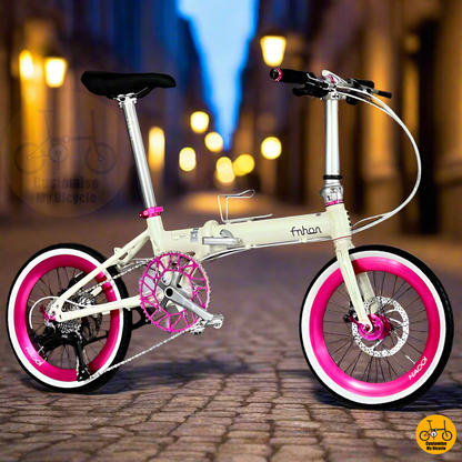 Beige and hot pink foldable bike with LTWOO 9-speed gears and lightweight aluminium frame  
