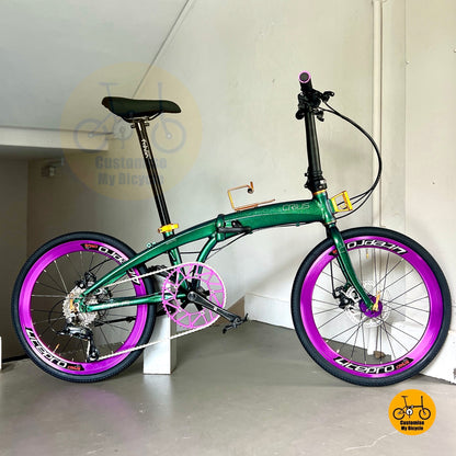 Crius Velocity 22 inch chameleon green folding bike full side view
