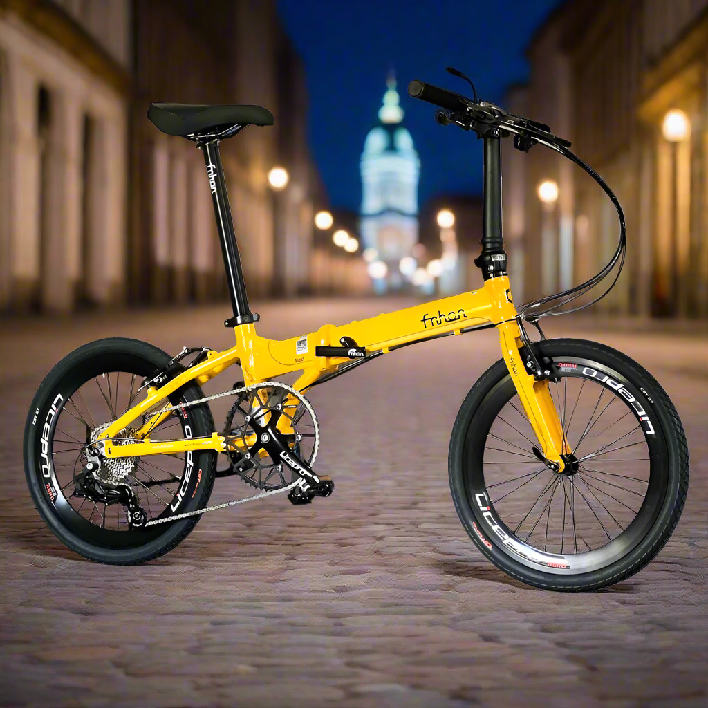 Fnhon Blast 20 inch folding bike in golden yellow with Sensah 9 speed gears and Litepro components  
