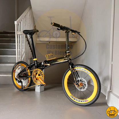 Powerful Disc Brake on Fnhon Blast 20-Inch Foldable Bike – Gold Wheels & a Stylish Metallic Finish

