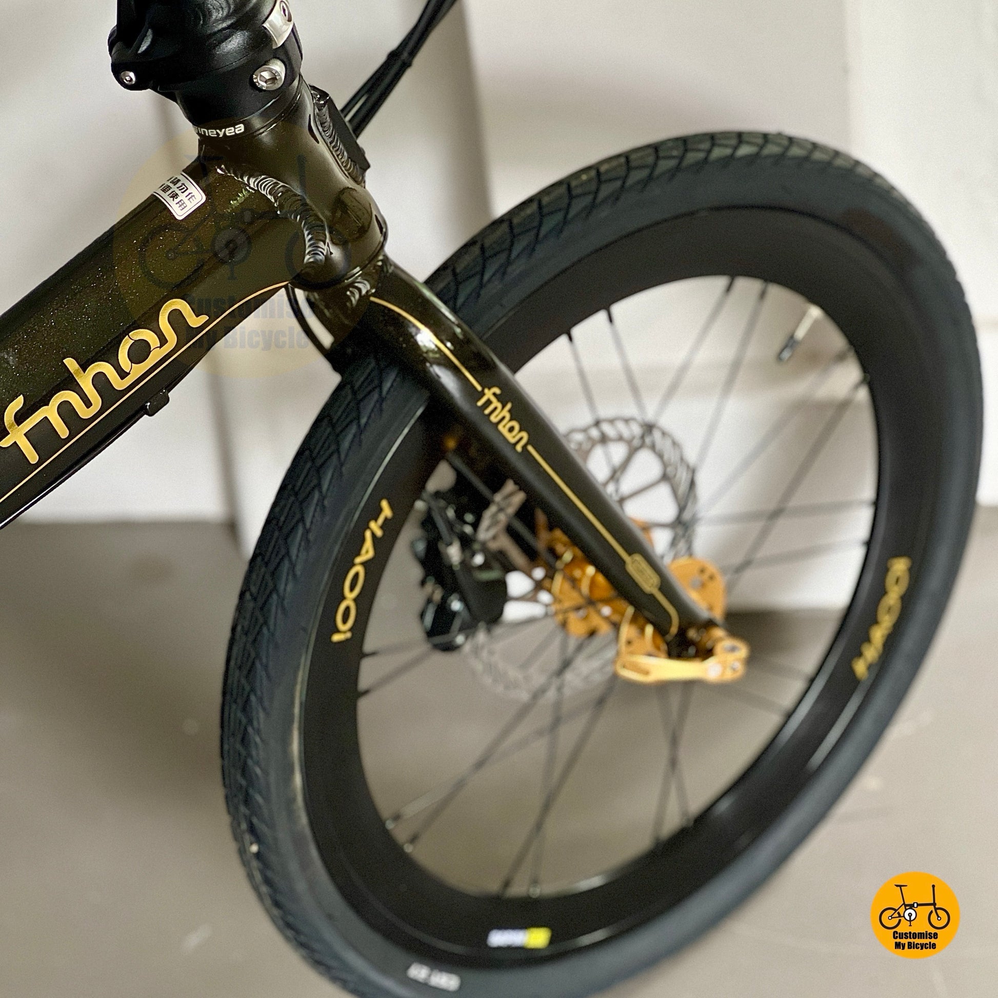 Lower front view highlighting CST all terrain tyres on Fnhon Blast Black Gold
