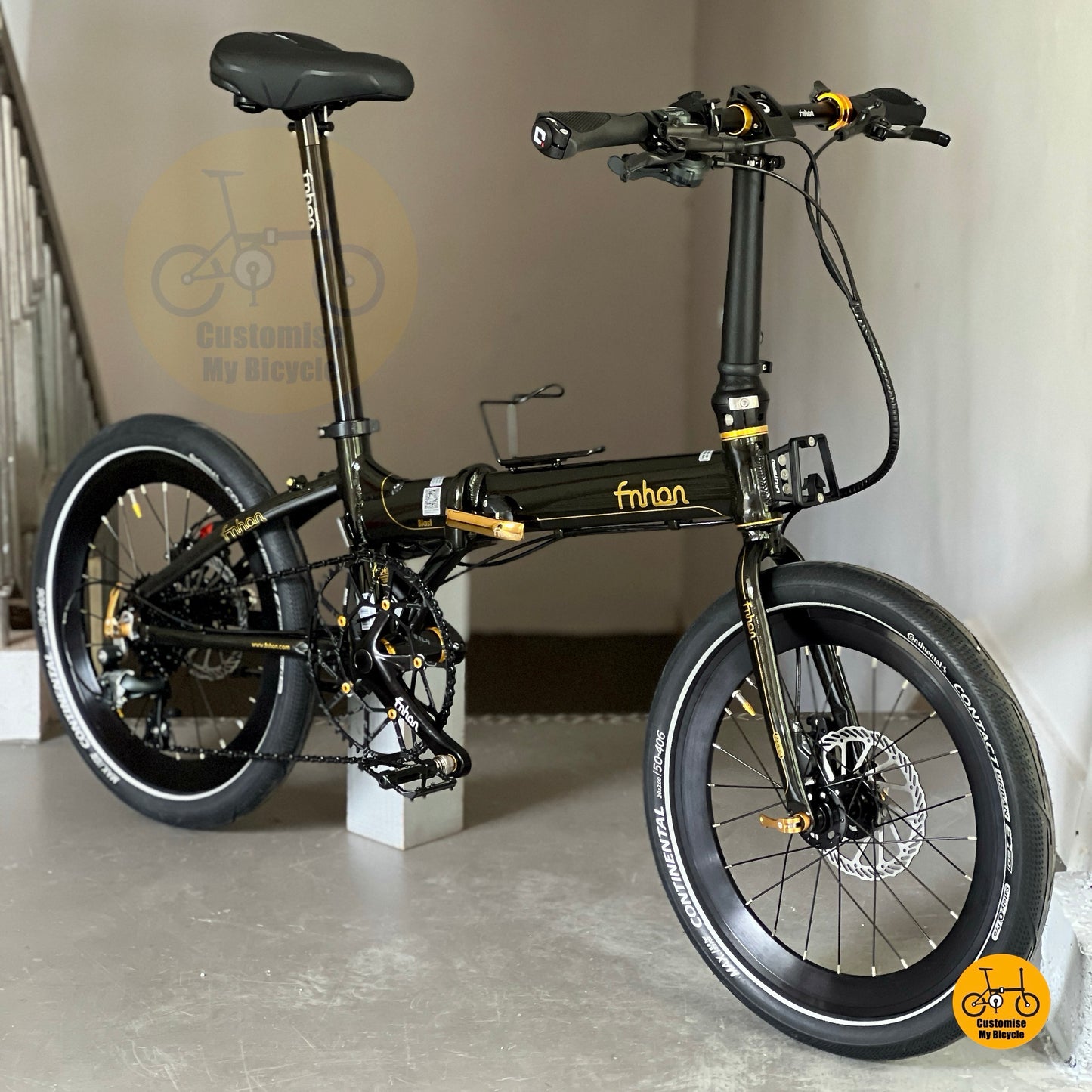 Fnhon Blast 20 Inch Folding Bicycle Black Gold Shimano 10 Gears Tiagra Litepro Wheelset Continental Contact Urban High Volume Tyres Urban Commuter Foldable Bike
