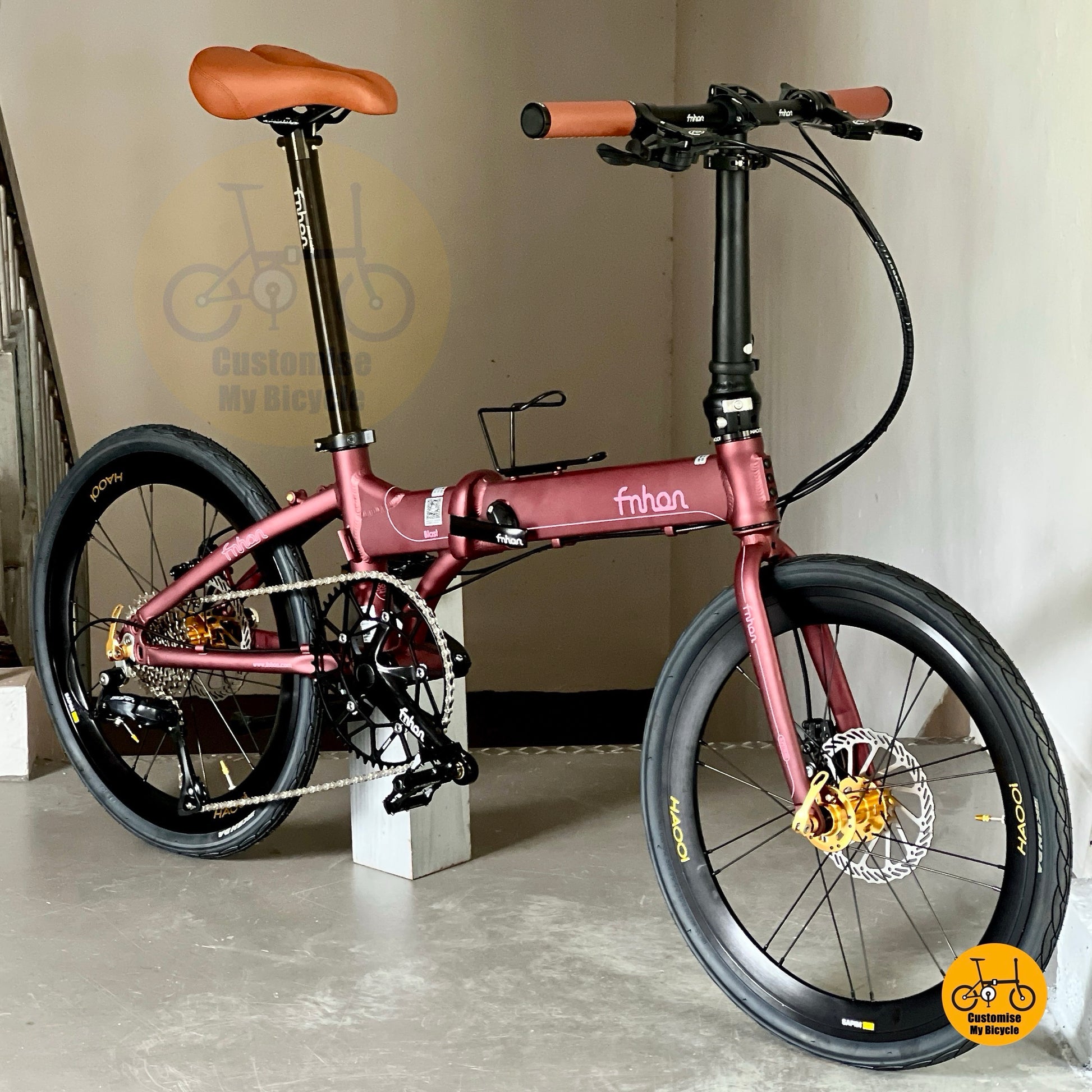 Fnhon Blast Folding Bicycle 22 Inch Aluminium Frame Shimano 9 Speed Champagne Red City Ride
