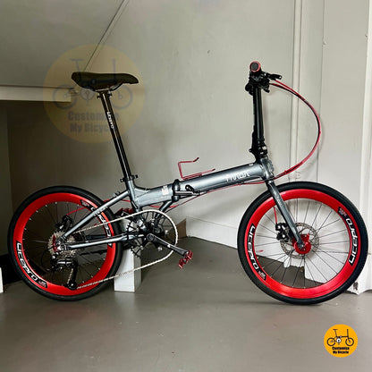 Fnhon Blast 22 inch Dolphin Grey folding bicycle with red accents  
