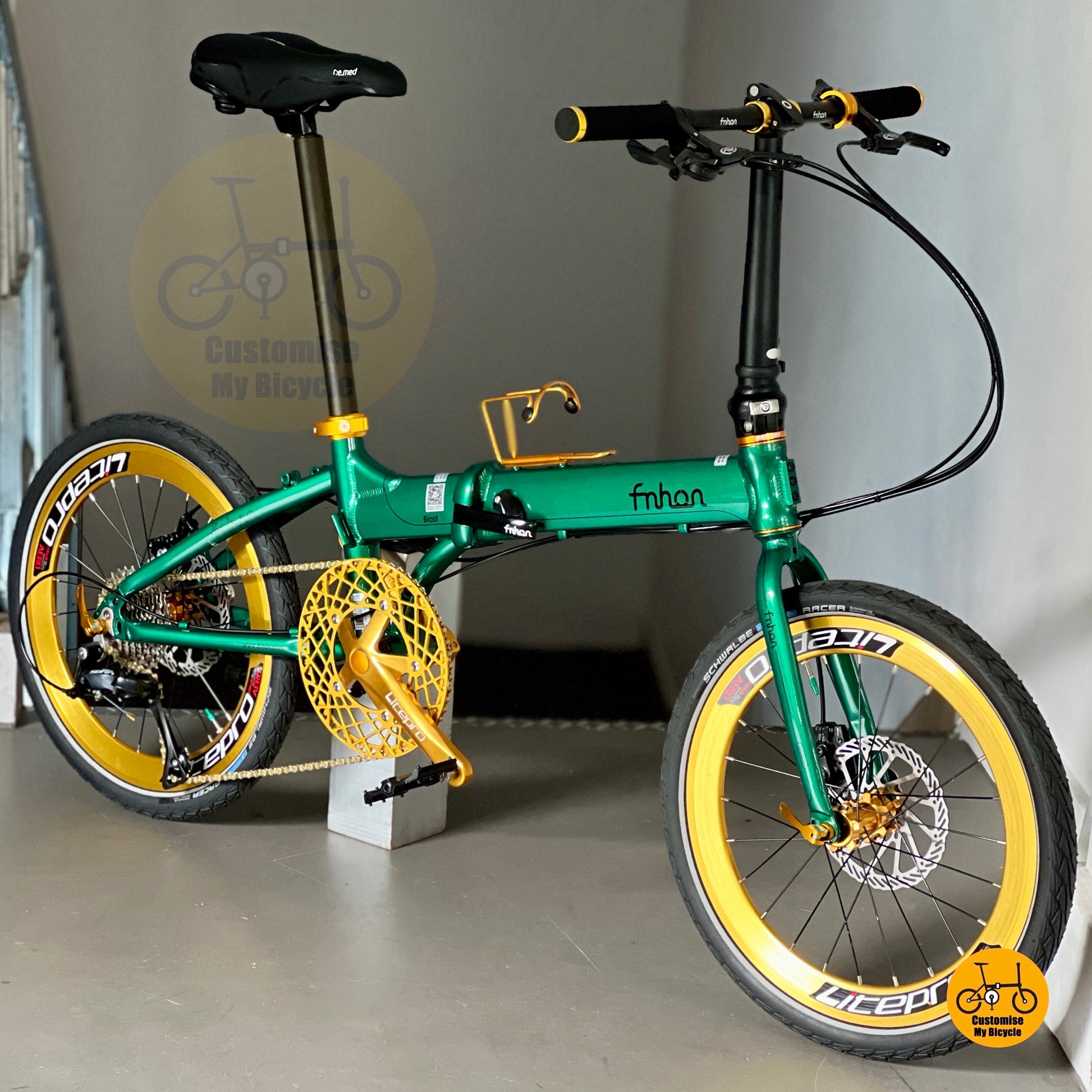 Fnhon Blast Shimano 9s Emerald Green foldable bicycle with gold accents and aero wheelset
