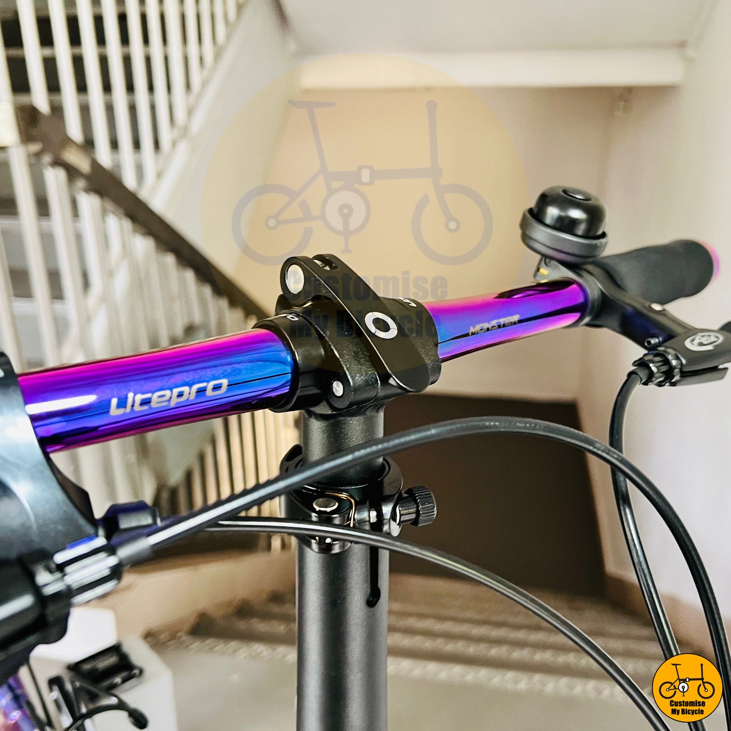 Litepro oil slick straight bar on Cyberpunk-Inspired Fnhon Blast 22-Inch Folding Bike – Neon Oil Slick Finish
