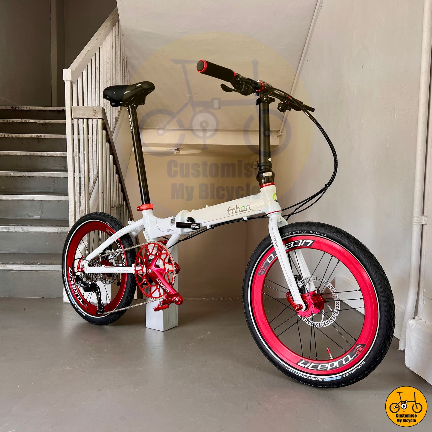 White & Red Fnhon Blast 20-Inch Foldable Bicycle – A Stylish & Performance-Driven Ride
