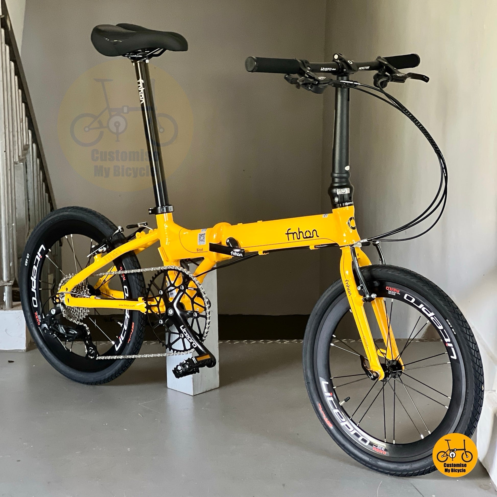 Fnhon Blast golden yellow folding bike side view  
