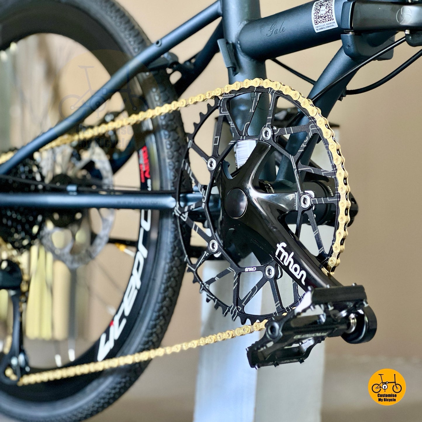 Close up of FNHON Hollowtech crank and Litepro 54t chainring with gold chain and PROMEND R67 pedals
