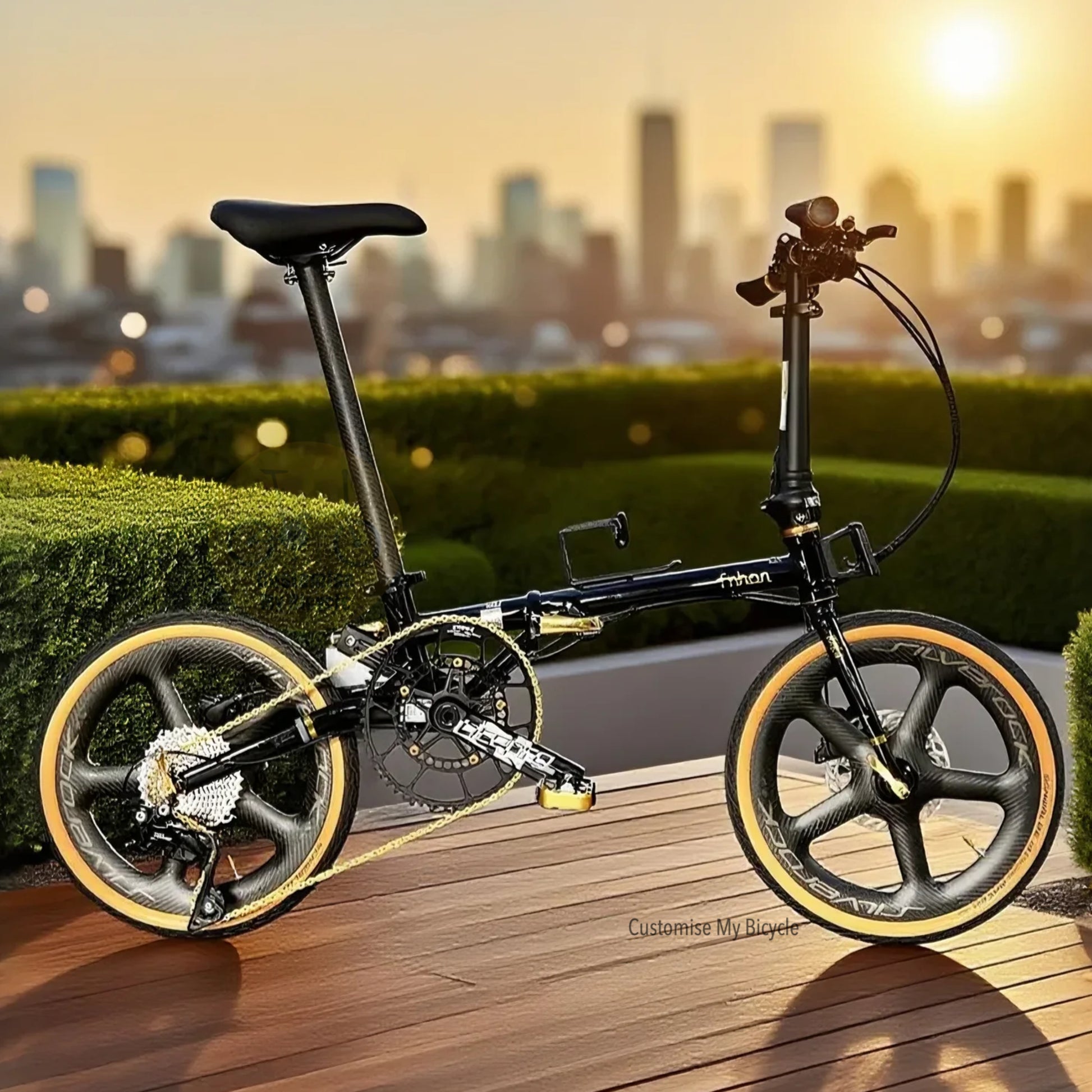 Foldable bicycle Fnhon Gust 16" 349 black gold on a wooden deck with a cityscape in the background