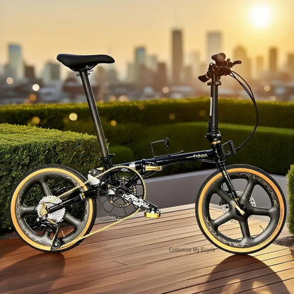Foldable bicycle Fnhon Gust 16" 349 black gold on a wooden deck with a cityscape in the background