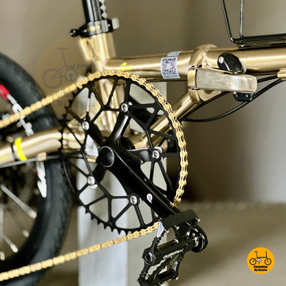 Fnhon Hollowtech crankset close up detail
& gold colour FSC 9 gears chain