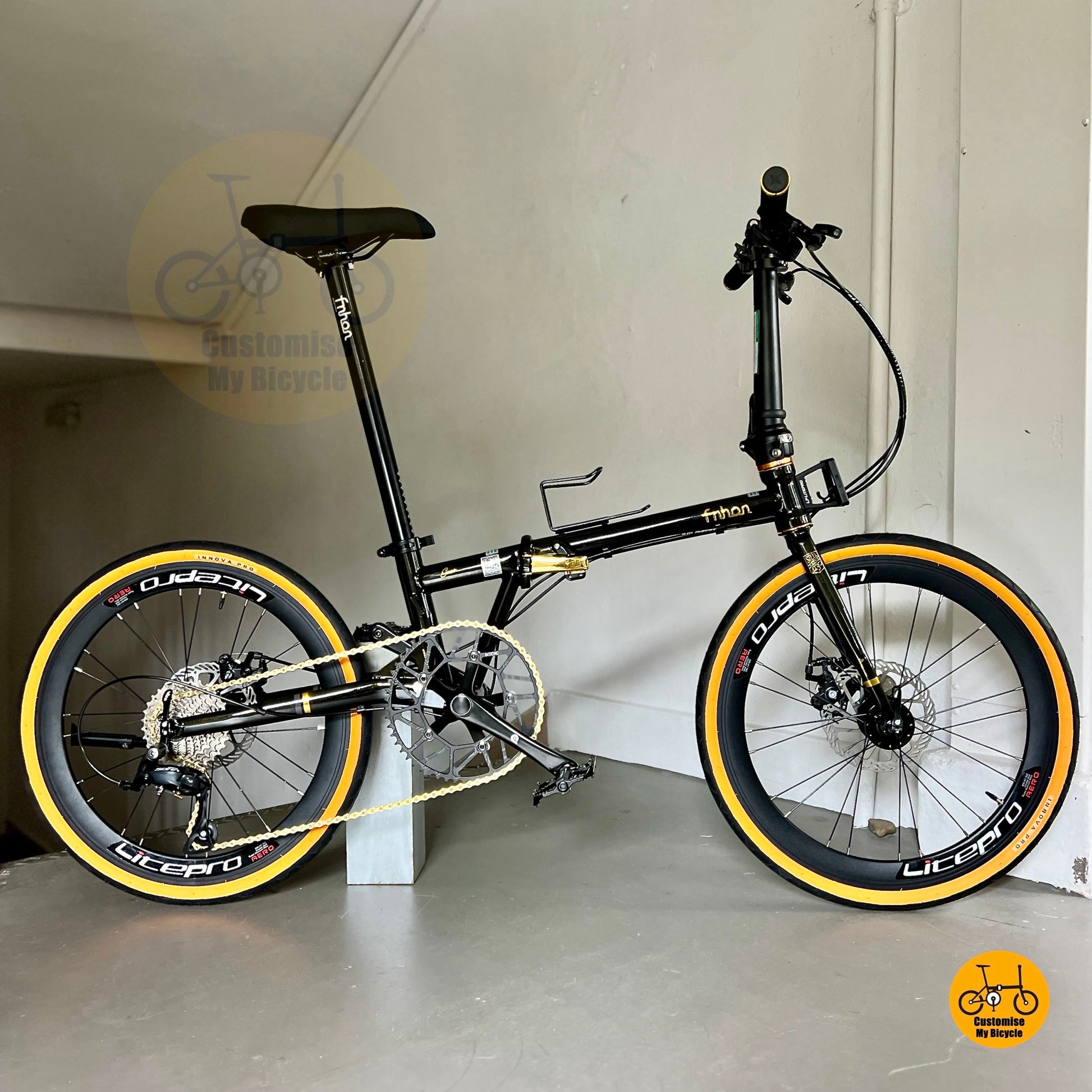 Side view of Fnhon Gust 22 inch Black Gold folding bike with Litepro aero wheels
