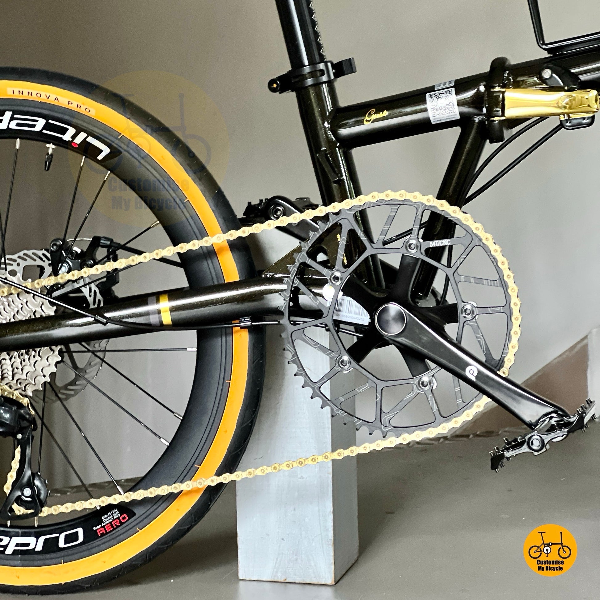 Close up of Litepro Hollowtech crankset with hollow 54t chainring
