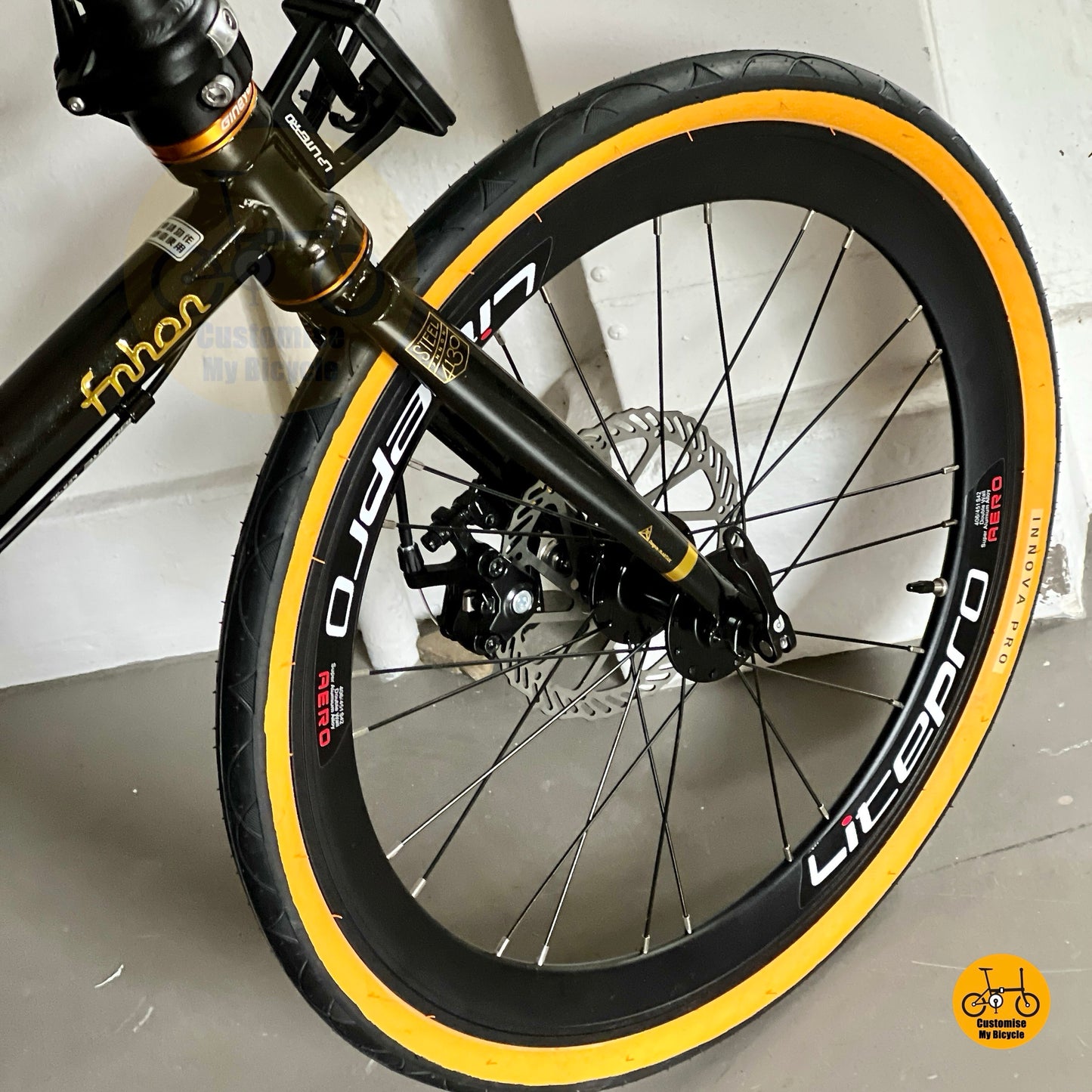 Lower front angle showing mechanical disc brake and Litepro high profile wheel
