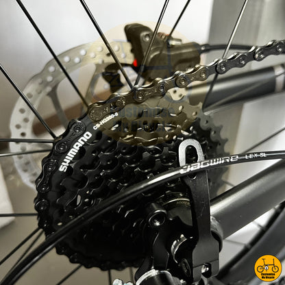 Shimano black cassette on premium foldable bicycle with a fast and efficient drivetrain
