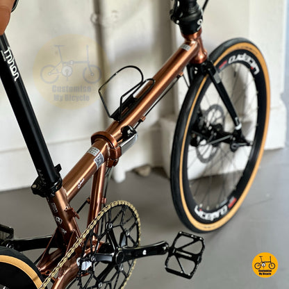 Stylish Fnhon Gust rose gold 22-inch foldie with brown saddle and grips, photographed outdoors on sunlit decking.
