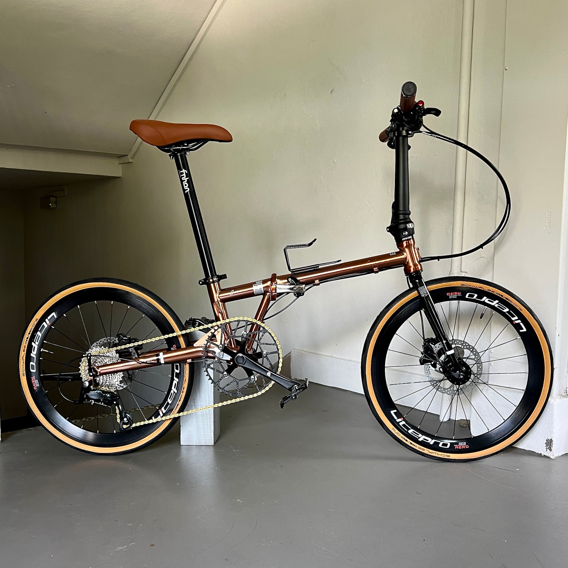 Close-up of titanium gold Fnhon Gust 22” foldie on wooden platform, sunlight reflecting off the polished frame.
