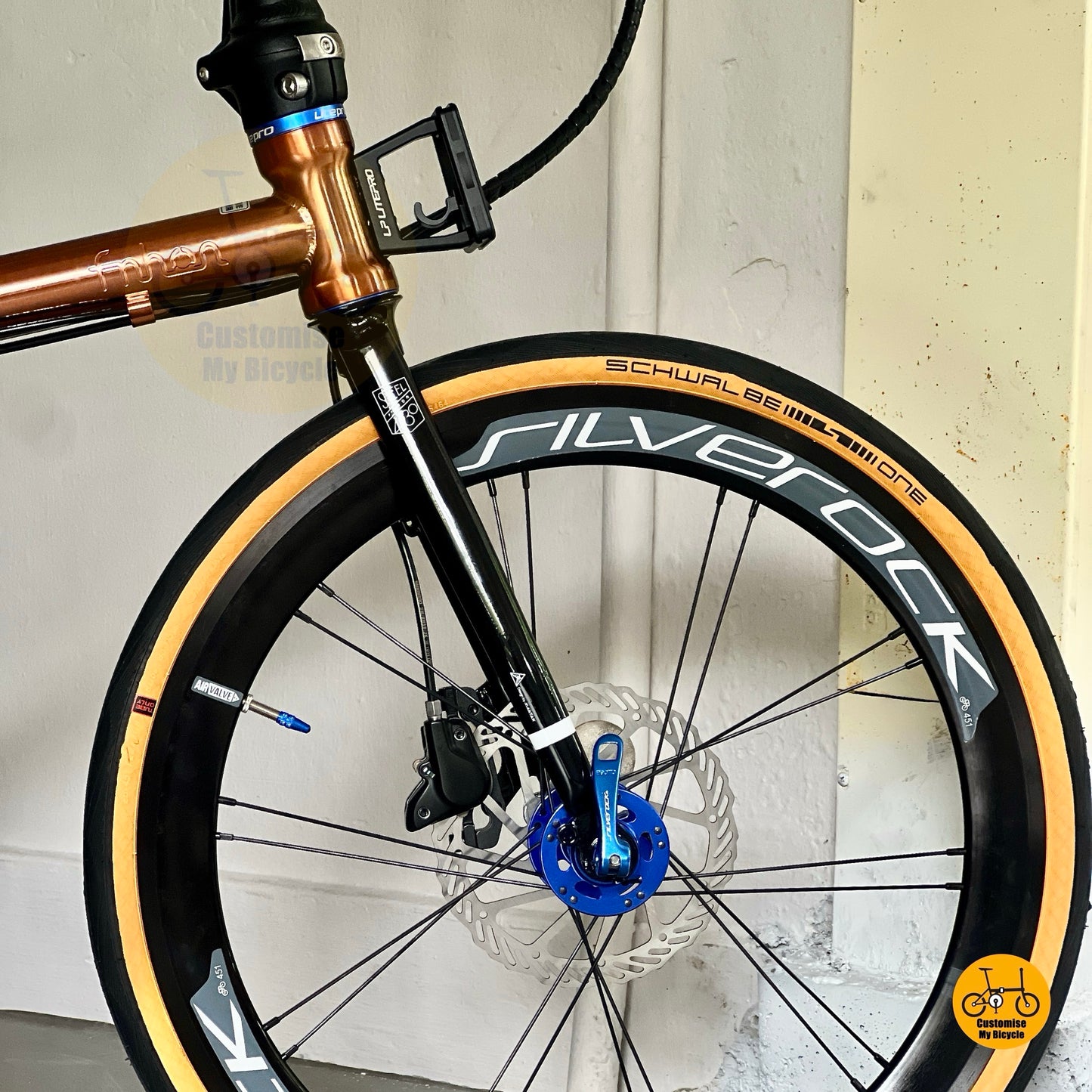 Fnhon Gust folding bike Schwalbe One fast rolling tyres front wheel close up folding bicycle
