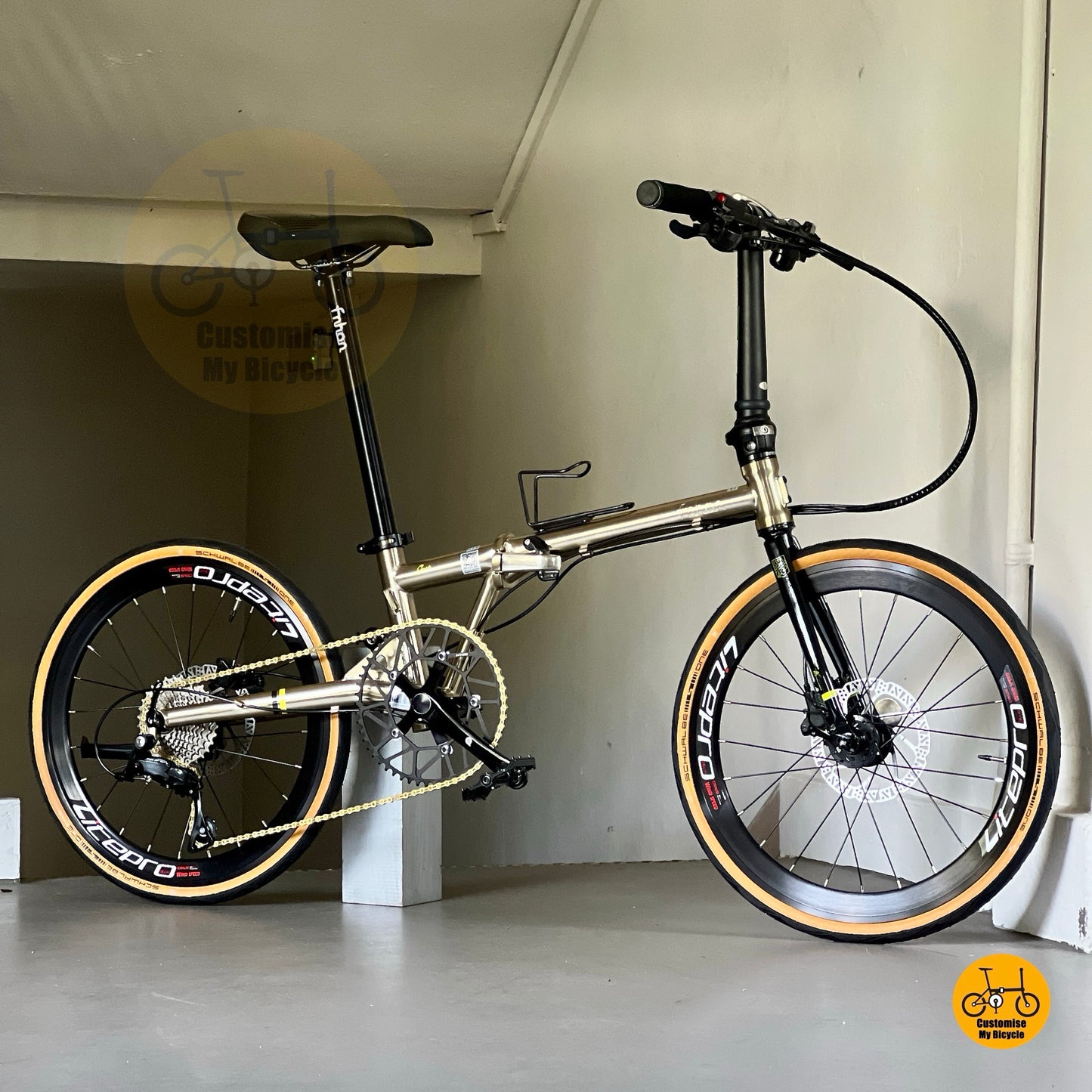 Lower side profile of Fnhon Gust 22-inch titanium gold folding bike showing full frame geometry, tan wall tires, and Litepro wheels.

