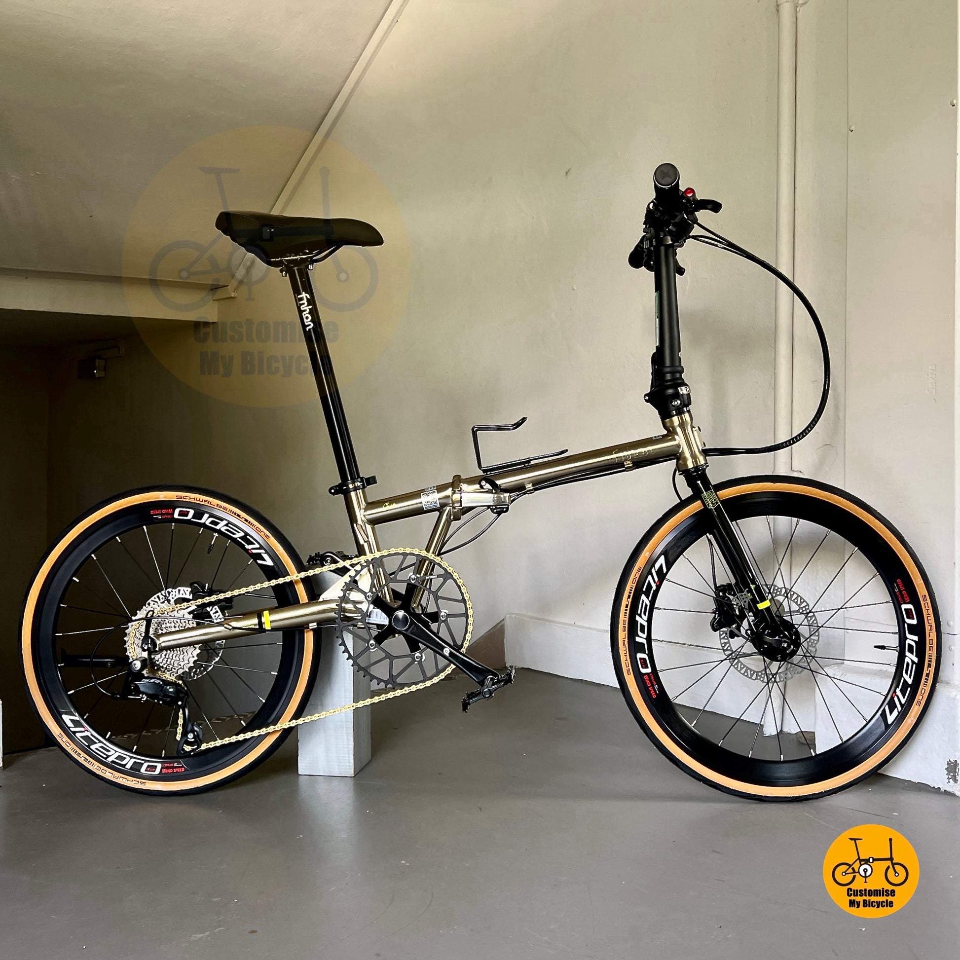 Diagonal perspective of Fnhon Gust titanium gold folding bike capturing frame tube alignment, wheel spacing, and sunset reflection.