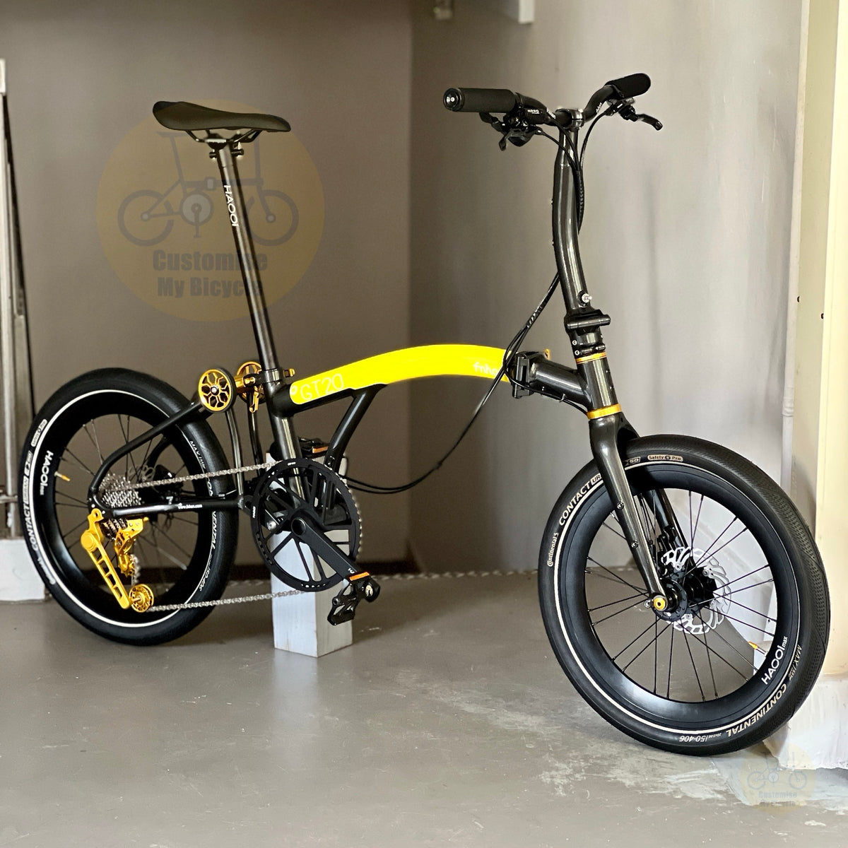 Fnhon GT20 Bumblebee folding bike rear three quarter view showing 20 inch wheels Shimano 10 speed gearing lightweight aluminium alloy frame and trifold folding mechanism

