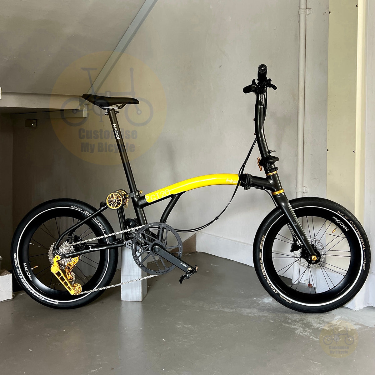 Fnhon GT20 Bumblebee 20 inch trifold folding bike side view with lightweight aluminium alloy frame Shimano 10 speed drivetrain and premium folding bicycle components
