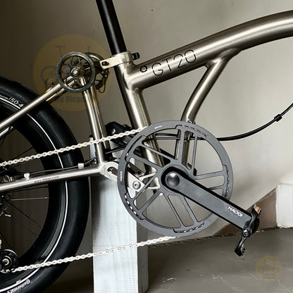 Close-up of a bicycle frame and drivetrain, showing a matte metallic silver frame with black components, including a chainring, chain, and rear wheel. The frame has 'GT20' and 'HOCO' branding visible.