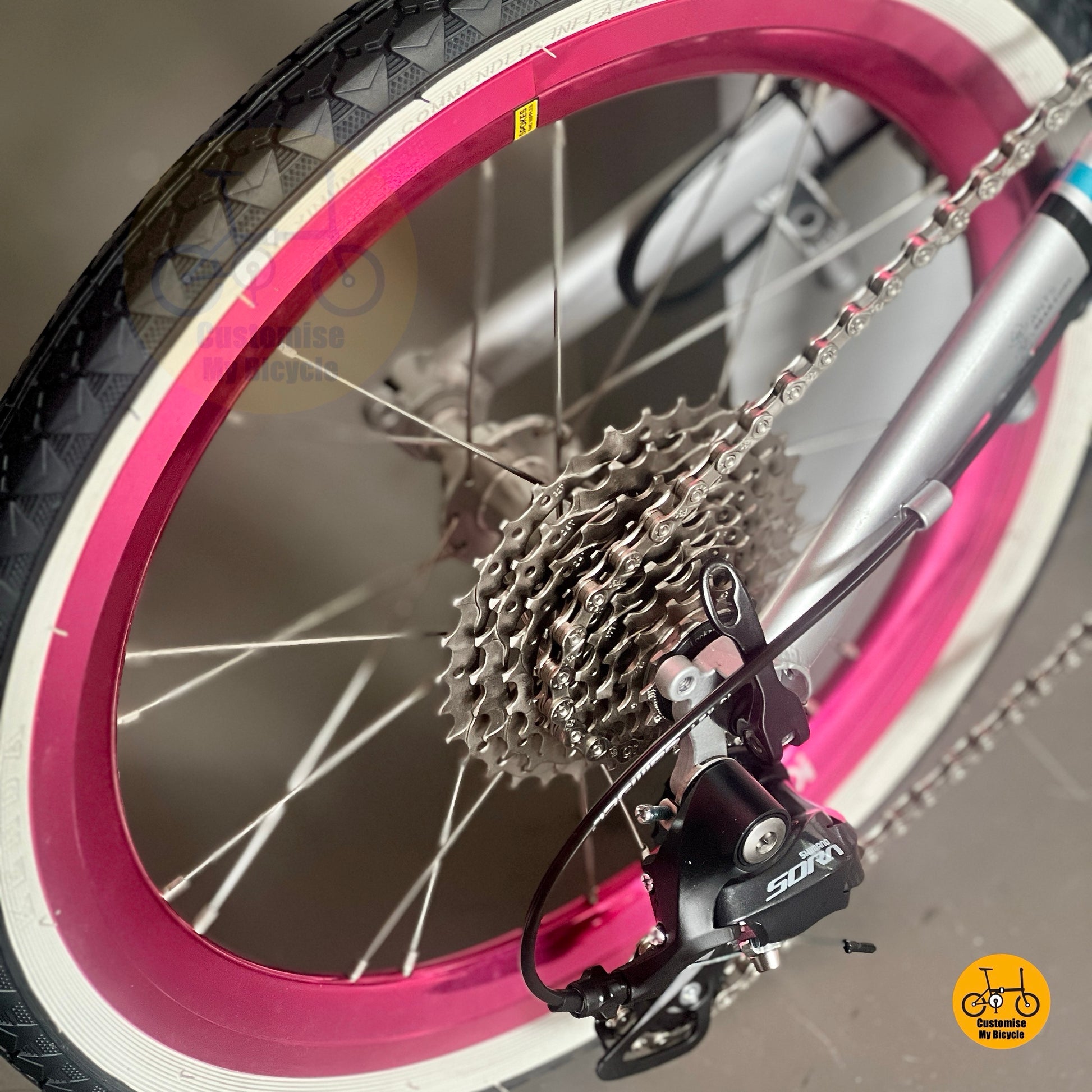 Close up of Shimano 9 speed rear derailleur on compact frame
