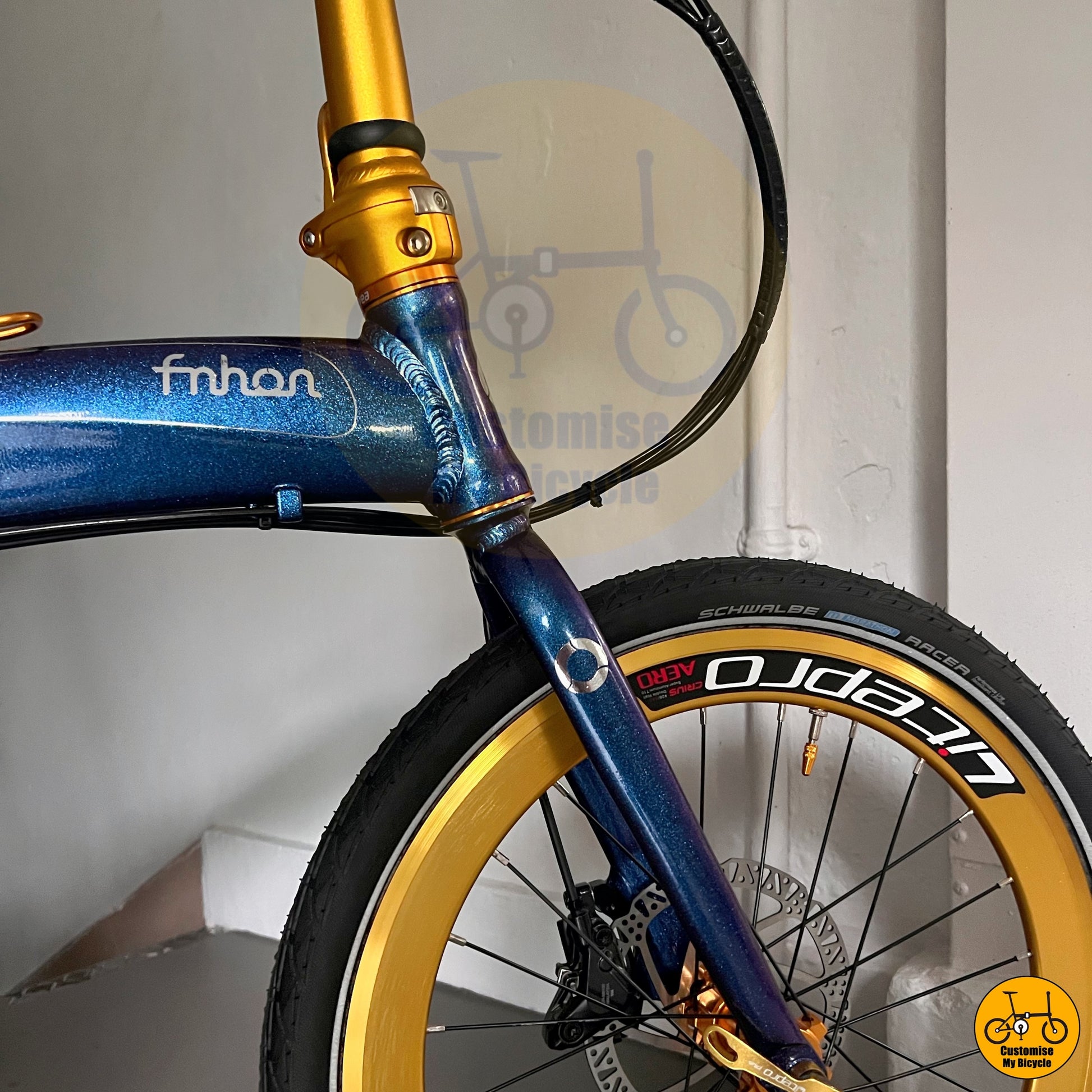 fnhon klapprad Fnhon Tornado 20” Chameleon Blue And Gold Wheels – Stylish & Compact Folding Bike – Customise My Bicycle