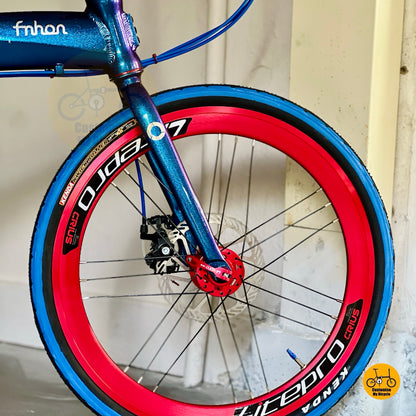Fnhon Tornado folding bike KENDAO blue wall tyres close up front wheel
