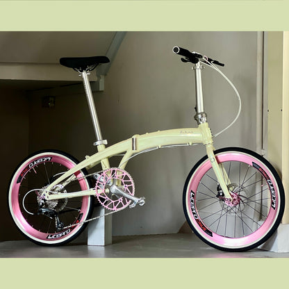 Fnhon Tornado 22" Beige foldable bicycle with Shimano 9 gears