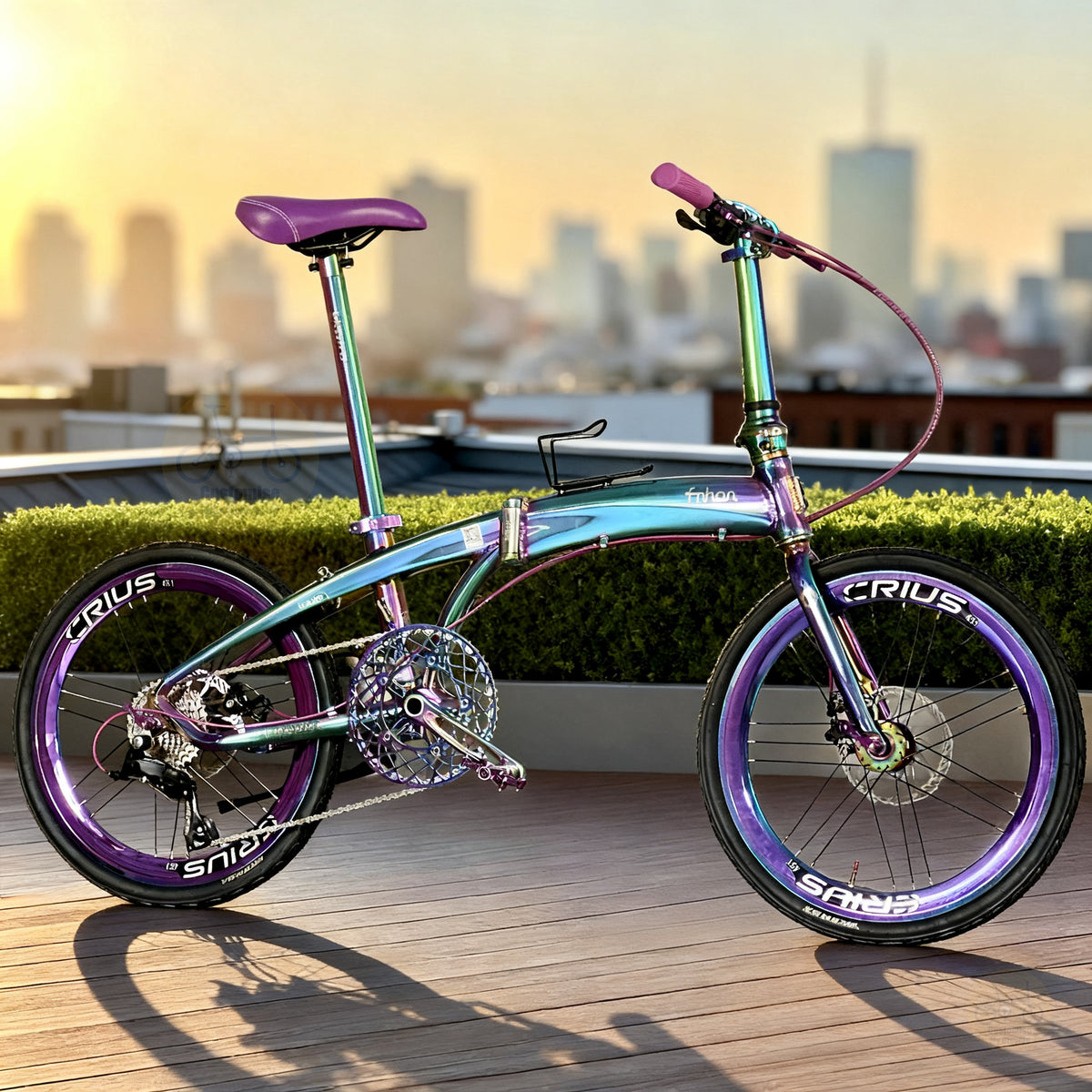 Fnhon Tornado 22" Oil Slick lightweight folding bike with Shimano 9 gears