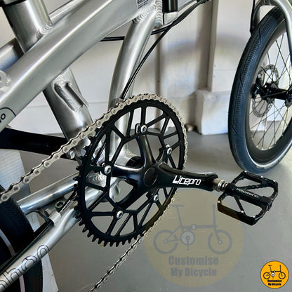 Litepro crankset and hollow 54t chainring detail and Promend quick release pedals R67Q
