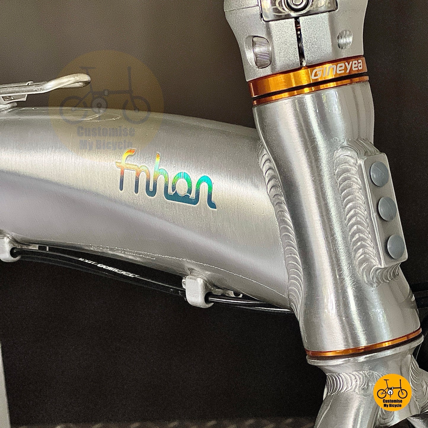 Rainbow "fnhon" logo on Fnhon Tornado 20 inch Polished Silver foldable bicycle with CST tyres
