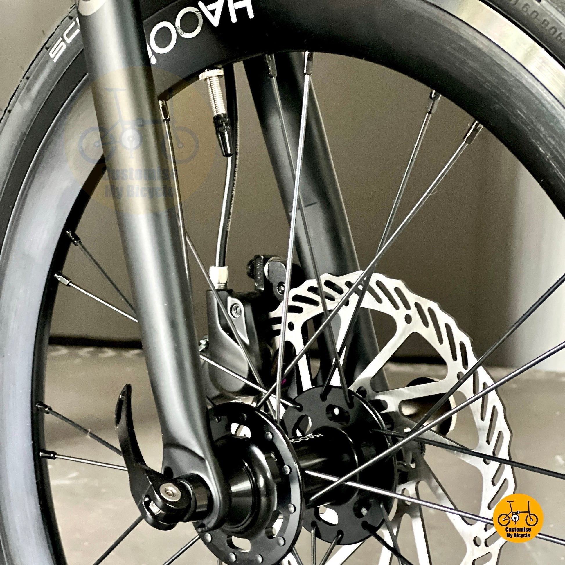 Fnhon Tornado 20 inch folding bike close up HAOOI Max smooth front wheelset with SCHWALBE One fast rolling tyre