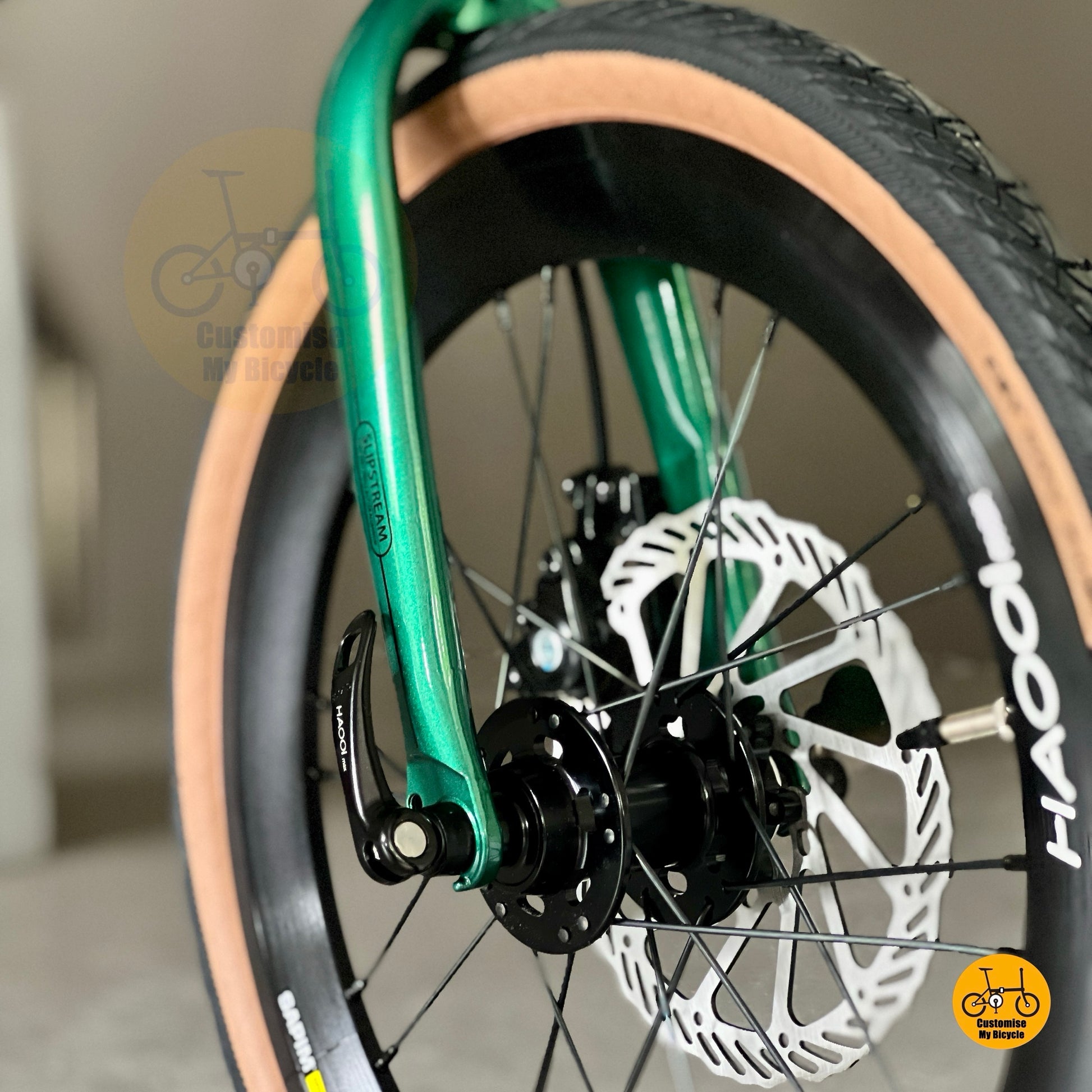 Close up front wheel HAOOI Max smooth wheels CST tyres folding bike
