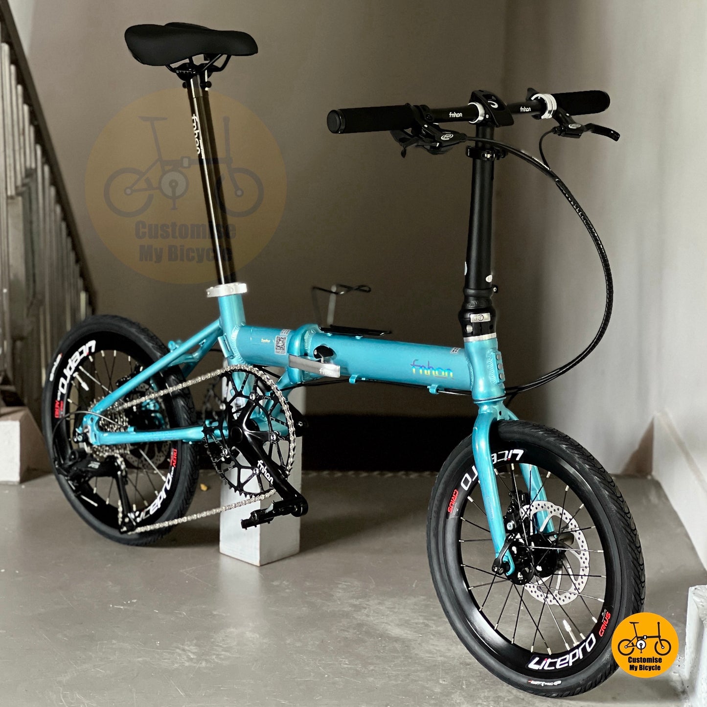 Fnhon Zephyr 18 Inch Tiffany Blue Foldable Bicycle With Mechanical Disc Brake And Hollowtech Crank
