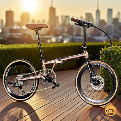 Fnhon Gust 22-Inch Foldable bicycle on a wooden deck with a cityscape in the background