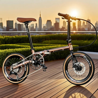 Side view of Fnhon Gust 18 inch Rose Gold folding bike with strong chromoly steel body frame and brown tyres