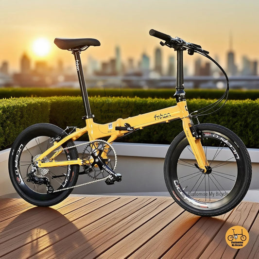 Fnhon Blast 20 inch folding bike in golden yellow with Sensah 9 speed gears and Litepro components  
