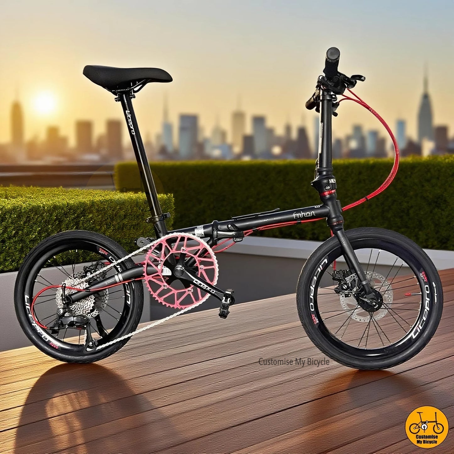 Fnhon Zephyr 18-inch folding bike in matte black with red tips and 16" 349 wheel size tyre
