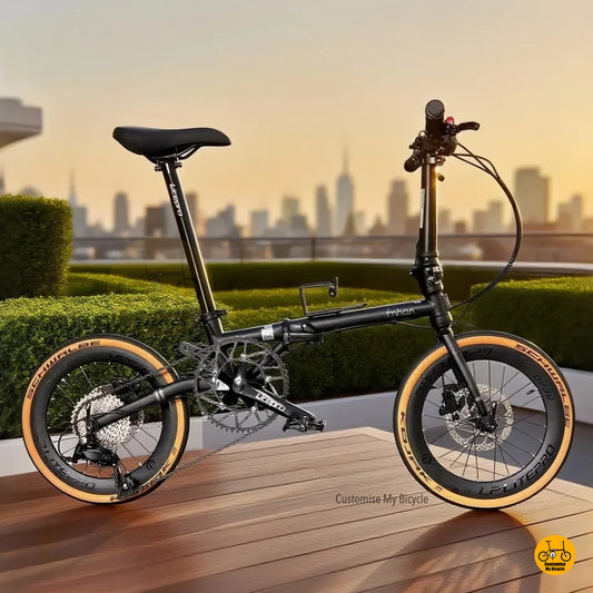 A Fnhon Gust matte black folding bicycle with tan wall Schwalbe One tyres

