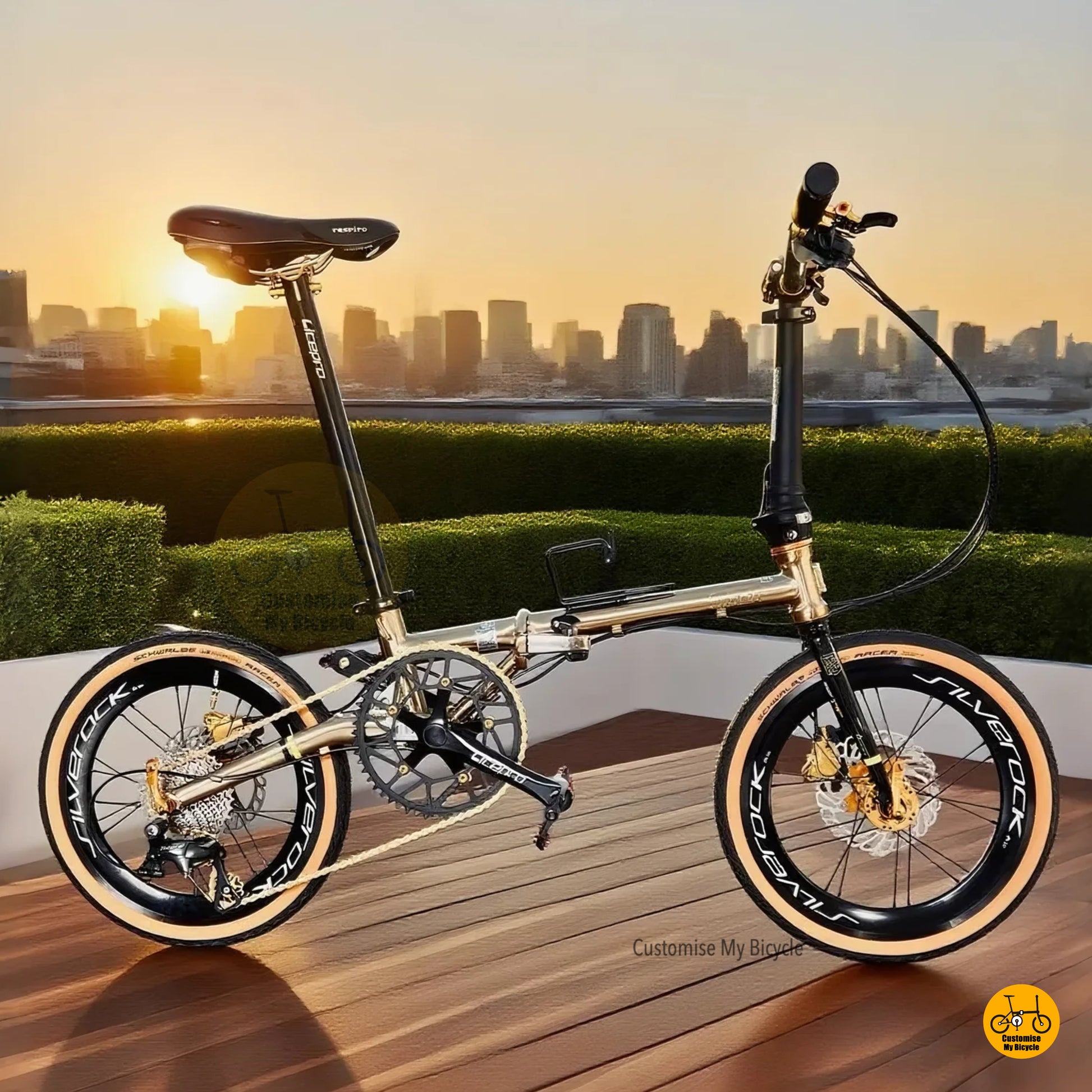 A titanium gold Fnhon Gust folding bicycle with Shimano 10-speed gears, displayed in an outdoor setting with blurred lights in the background.