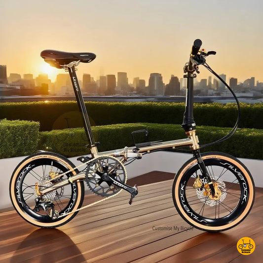 A titanium gold Fnhon Gust folding bicycle with Shimano 10-speed gears, displayed in an outdoor setting with blurred lights in the background.