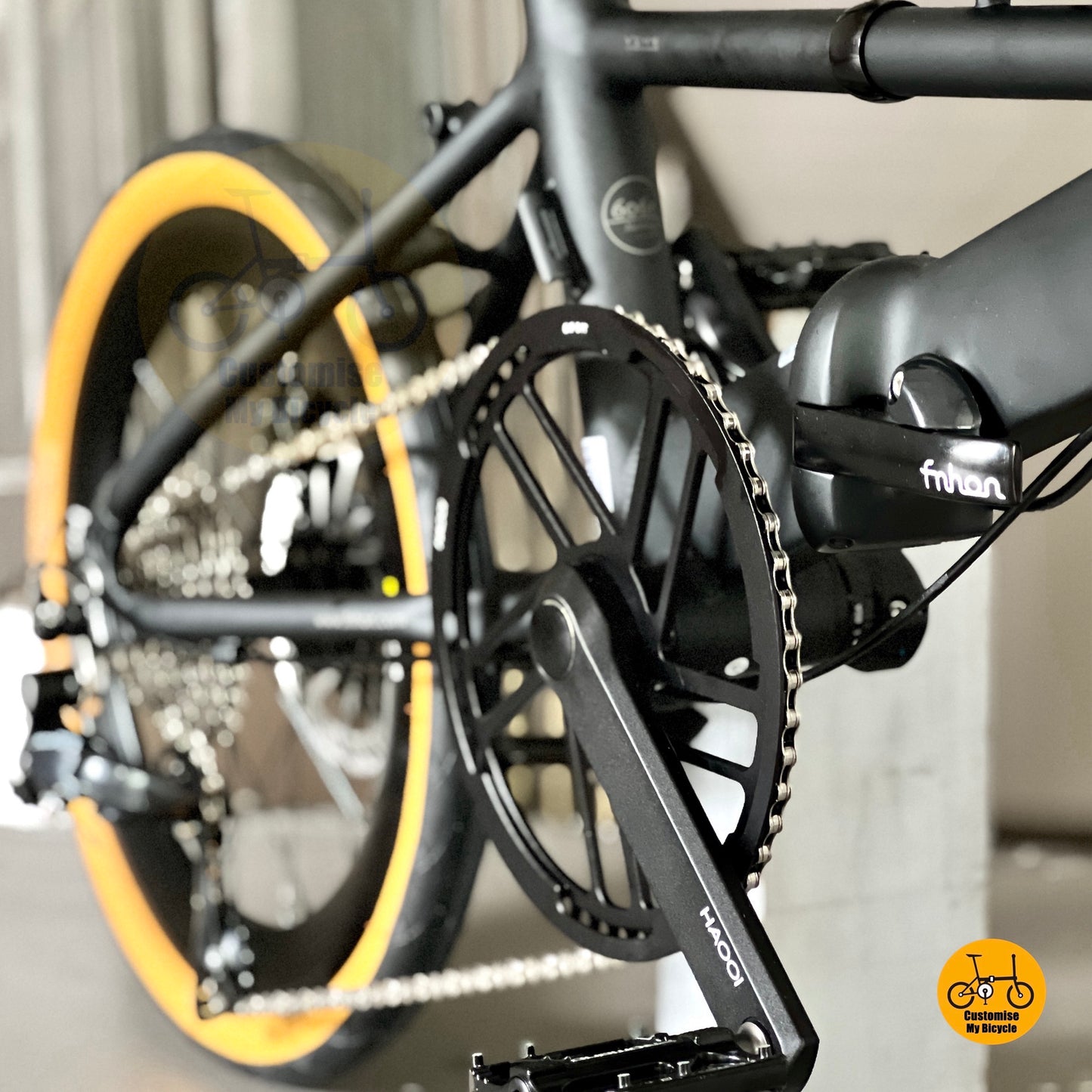 Close up FNHON 54T Hollowtech crankset on lightweight folding bicycle