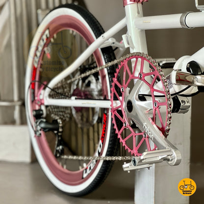 Fnhon Thunderstorm Litepro hollowtech crankset close up with pink chainring 54t
